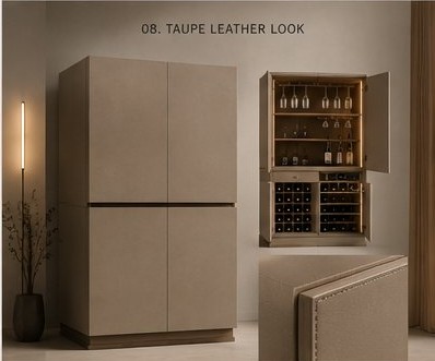 Verto bar cabinet in Taupe Leather Look finish